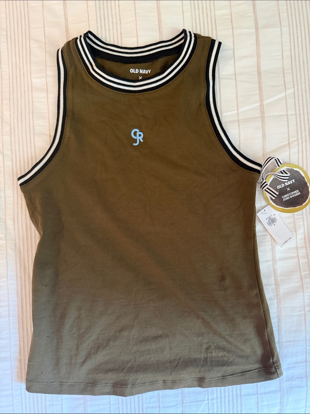Old Navy Olive Tank with Black & White Stripe Trim